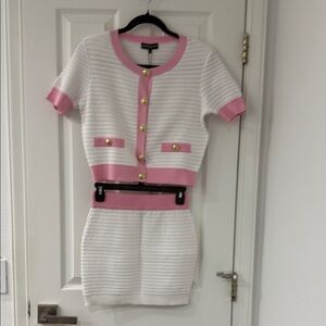 Generation Love Harper Cardigan Pink and White Button-Up Knit Skirt Set
